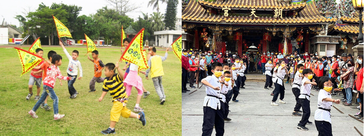 左圖：兒童在草地上舉著黃紅色風箏奔跑嬉戲。右圖：學童在寺廟前穿著制服進行傳統遊行活動，觀眾聚集在古色古香的建築前觀看。兩幅圖展現兒童參與戶外活動和文化慶典的歡樂情景。