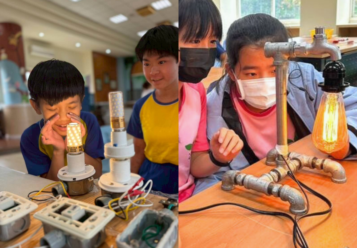 兒童在教室進行科學實驗活動。左圖顯示兩名學童操作發光燈泡電路裝置，右圖展示三名學童觀察金屬管道連接的發光燈泡實驗，探索電路和能源原理。