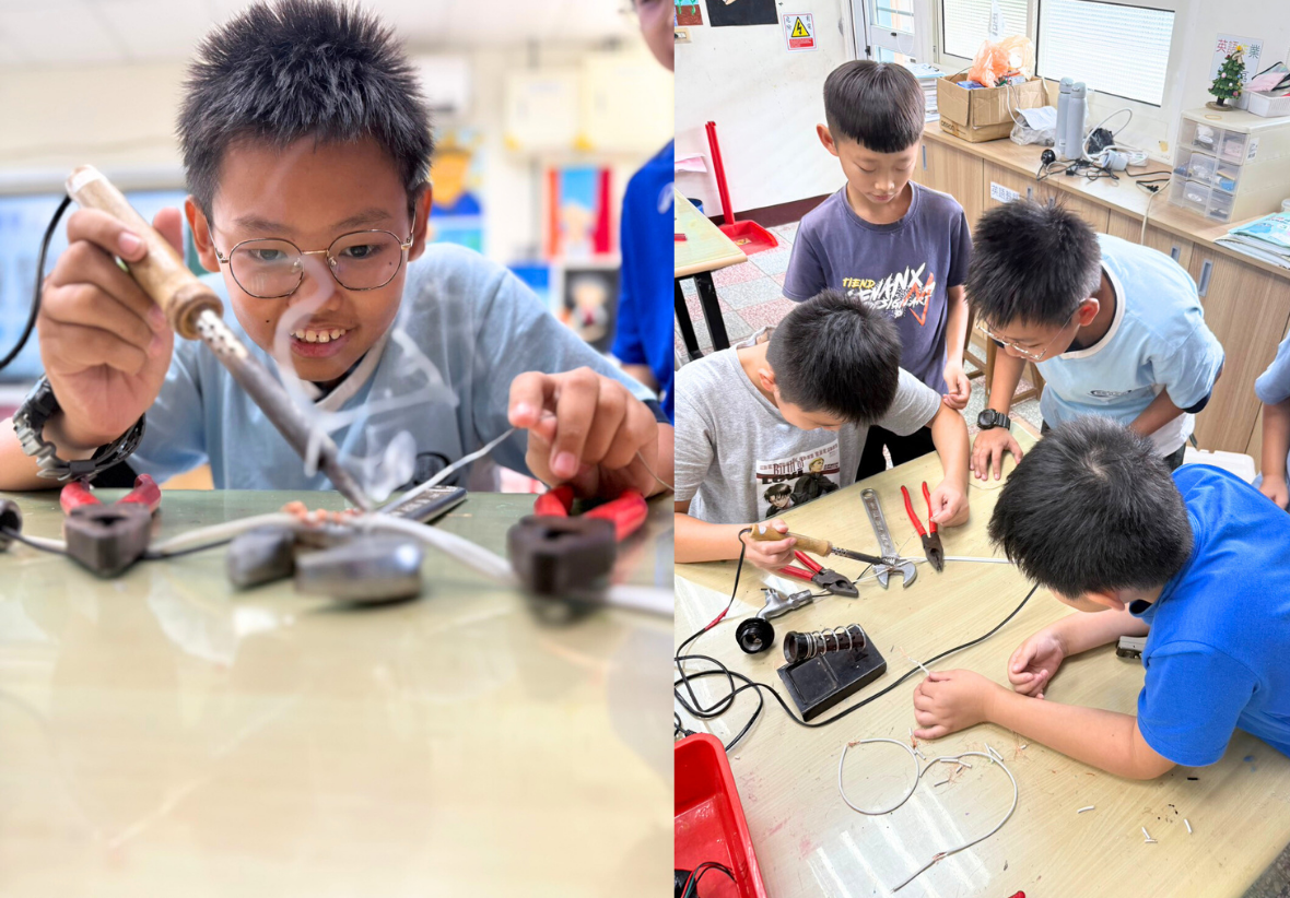 小學生在教室進行科學實驗活動。左圖一名戴眼鏡的男童正操作電子儀器；右圖四名學生圍坐在桌邊，合作組裝電路板和電子零件，專注學習STEM知識。