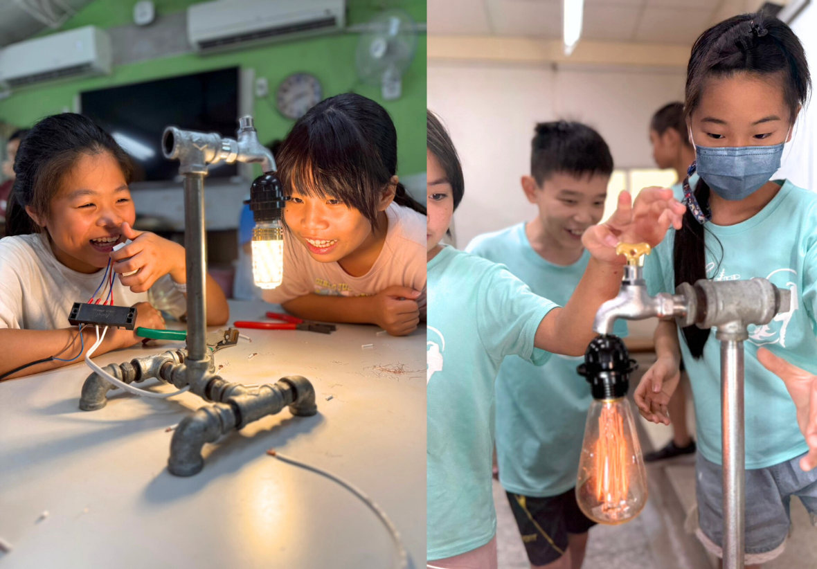 兩組學生在科學課堂進行實驗。左圖兩名學生操作電路裝置與發光燈泡，右圖學生戴口罩展示點燃的試管實驗。孩子們專注觀察實驗現象，展現探究科學的興趣。