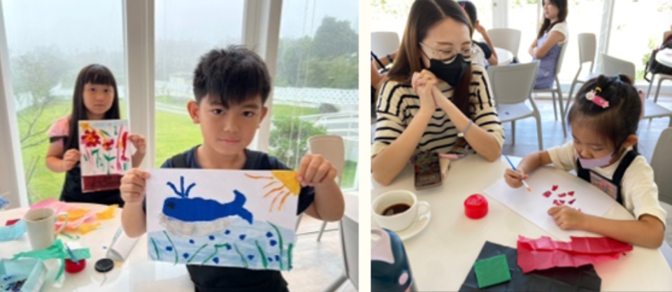 兒童美術創意課程。左圖：男孩展示藍色鯨魚主題畫作，女孩展示花卉卡片。右圖：教師指導小女孩進行手工藝創作，桌上擺放顏料、剪紙等美術用品。明亮教室環保景致。