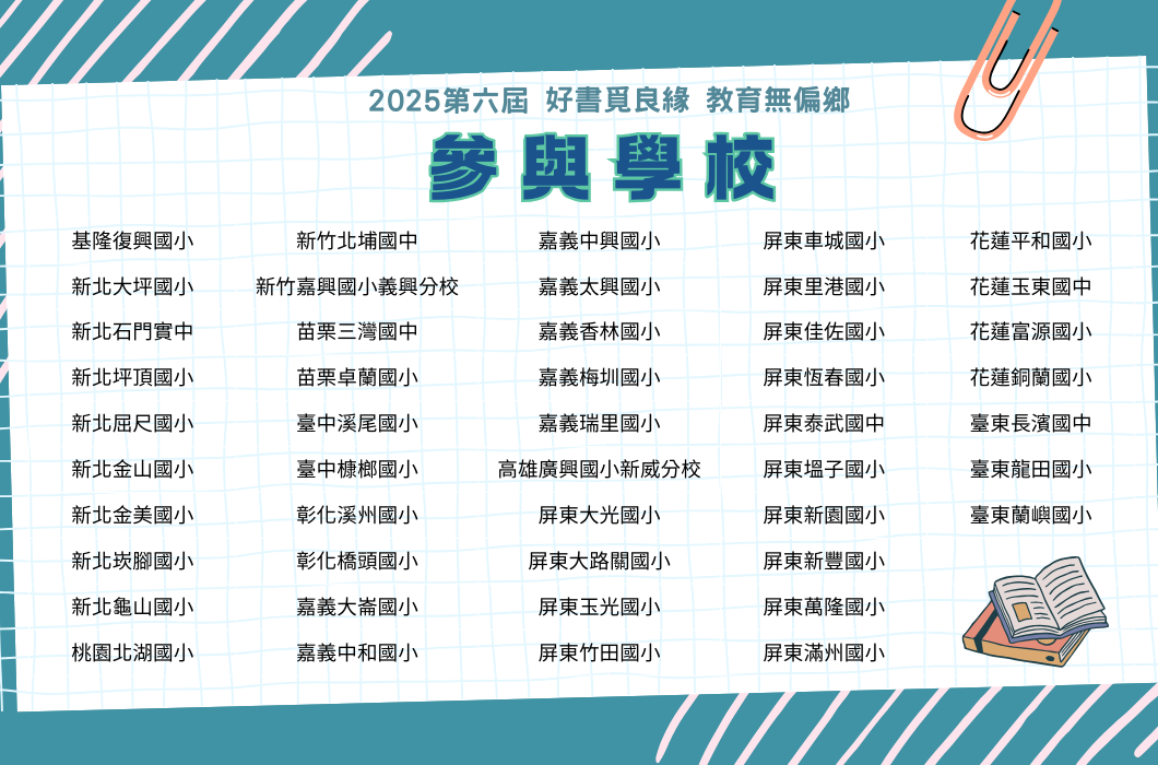 2025第六屆「好書見良緣 教育無偏鄉」夢與學校名單，包含新北、新竹、台中、嘉義、屏東及花蓮等地區共50所獲選國小與國中，頁面搭配書籍與迴紋針圖示裝飾。