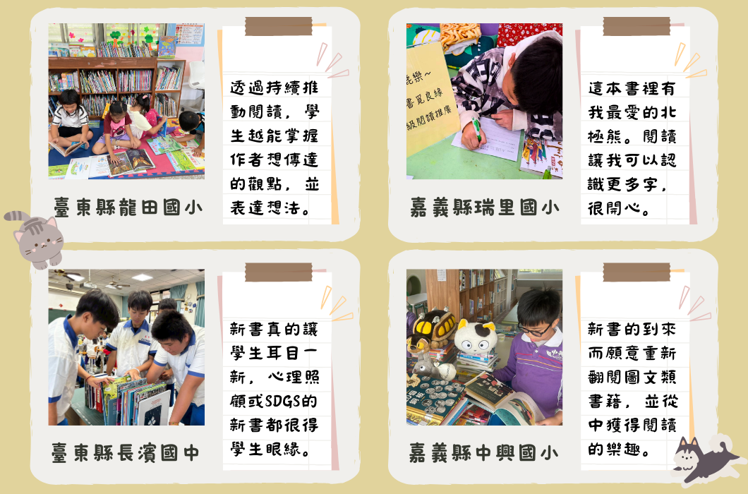 四所台灣學校推動閱讀活動的成果分享。龍田國小透過持續推動閱讀讓學生欣賞作者觀點；端里國小學生閱讀北極熊書籍增進識字；長濱國中新書符合SDGs培養學生眼界；中興國小透過閱讀圖文書獲得樂趣。