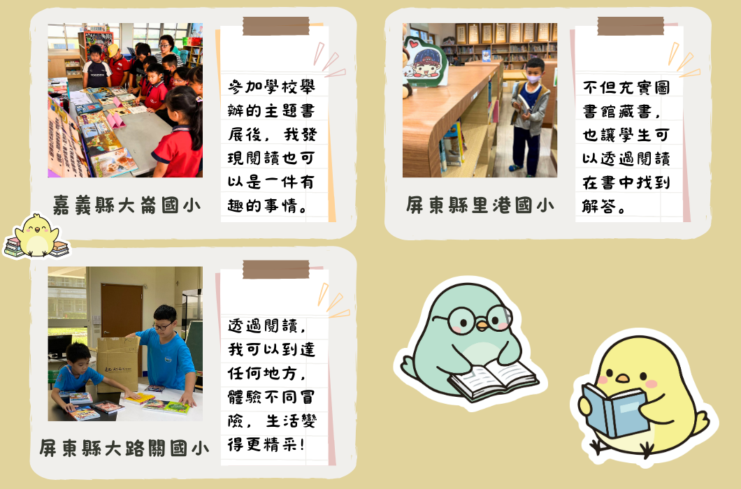 三間學校推廣閱讀的介紹。嘉義縣大舊國小展示主題書籍，學生可探索有趣事物。屏東縣里港國小圖書館藏書豐富，學生可在書中尋找答案。屏東縣大路關國小透過閱讀探索不同地方，豐富生活體驗。圖中有兩個可愛的卡通角色正在閱讀。