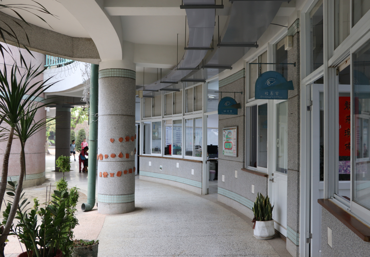 照片背景為校園建築內部的走廊。可以看到圓柱、盆栽、以及一排帶有白色窗框的辦公室或教室。走廊採光良好，展現出明亮且整潔的教學環境。