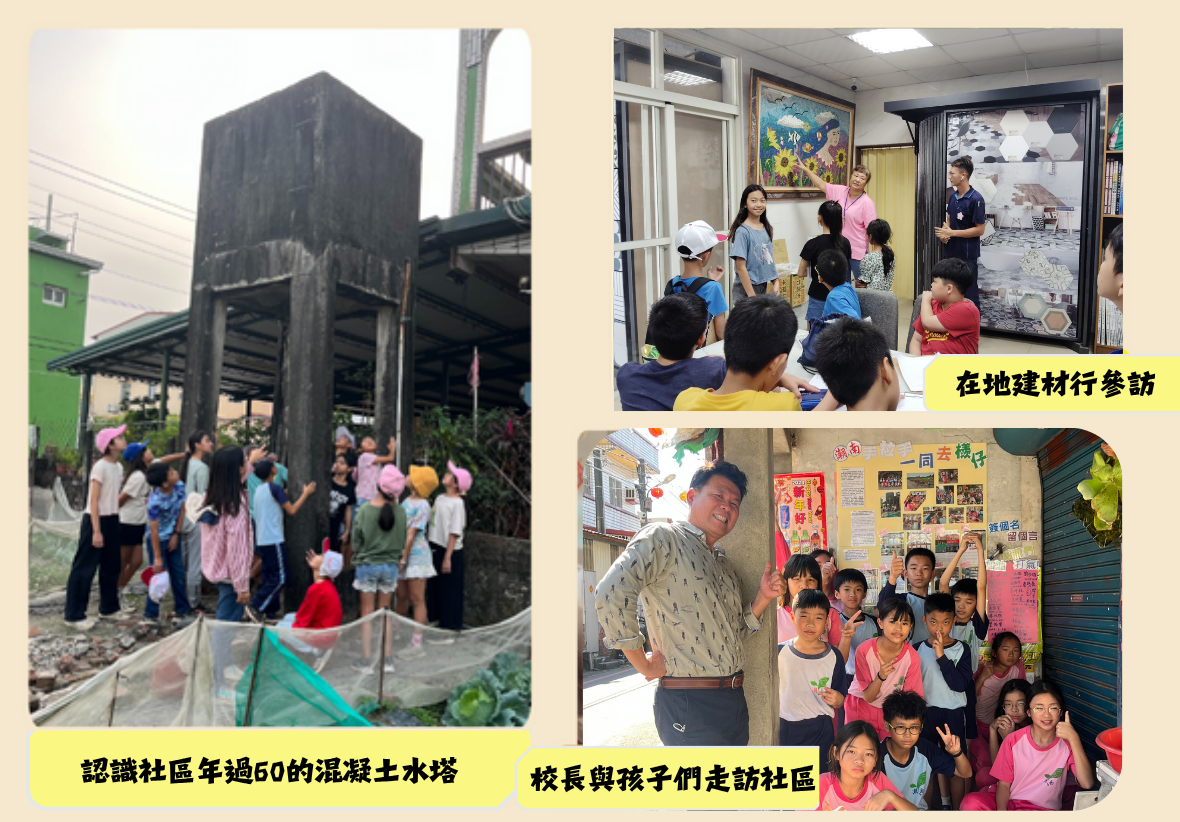 這是一張展示校長與學生走訪社區的四格組圖。內容包含左半部認識超過 60 年的社區混凝土水塔、右上參訪在地建材行，以及右下師生在社區角落的溫馨合照，呈現深度的鄉土教育。