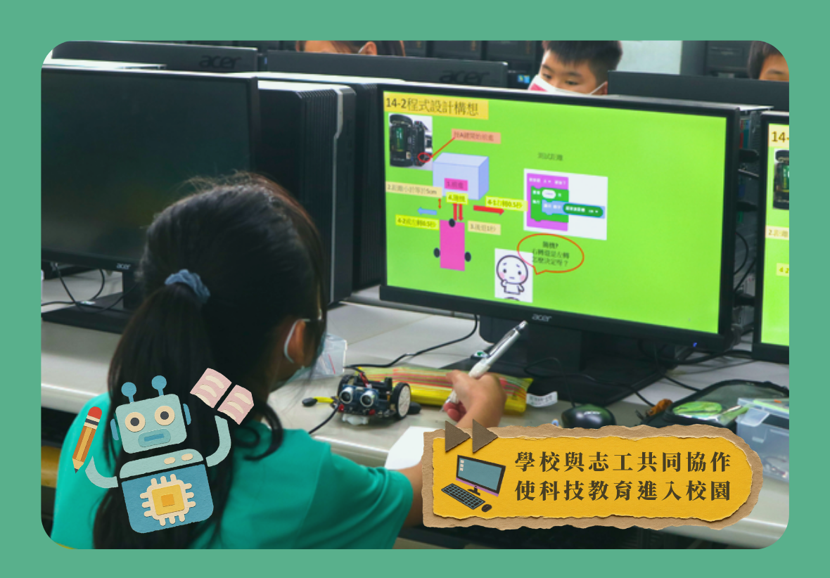 一名綁著馬尾的女童坐在電腦前學習寫程式的背影。電腦螢幕上顯示著圖形化積木程式的介面、邏輯流程圖以及「14-2 程式設計構想」的標題，女童正拿著筆看著螢幕思考。畫面左下角疊加了一個藍色機器人拿著書本和鉛筆的插圖；右下角則有一個仿舊紙張圖案，上面寫著「學校與志工共同協作 使科技教育進入校園」，並附有電腦小插圖。照片同樣帶有圓角綠色邊框。