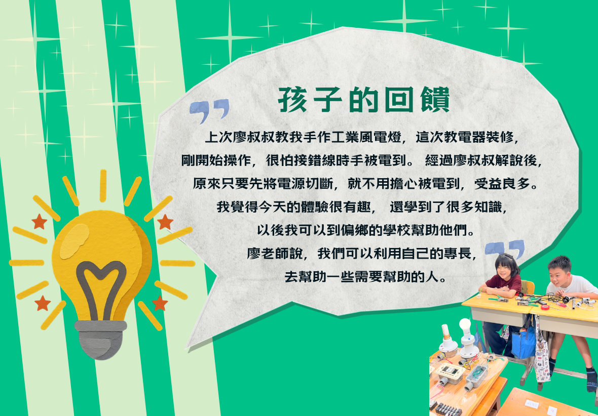 孩子的心得回饋海報。綠色條紋背景配上黃色大燈泡插圖，對話框內文字記述著學生分享廖叔叔教導電器裝修、克服怕被電到的恐懼以及想用專長幫助偏鄉的心得，右下角附有兩位學生在課堂桌前實作的照片。