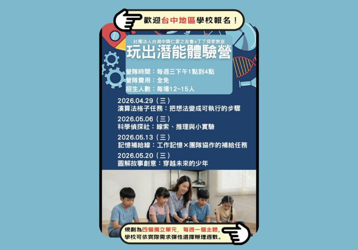 「玩出潛能體驗營」招生簡章。內容提及歡迎台中地區學校報名，營隊費用全免。列出四個週三下午的獨立單元課程：演算法格子任務、科學偵探社、記憶補給線與圖解故事創意。