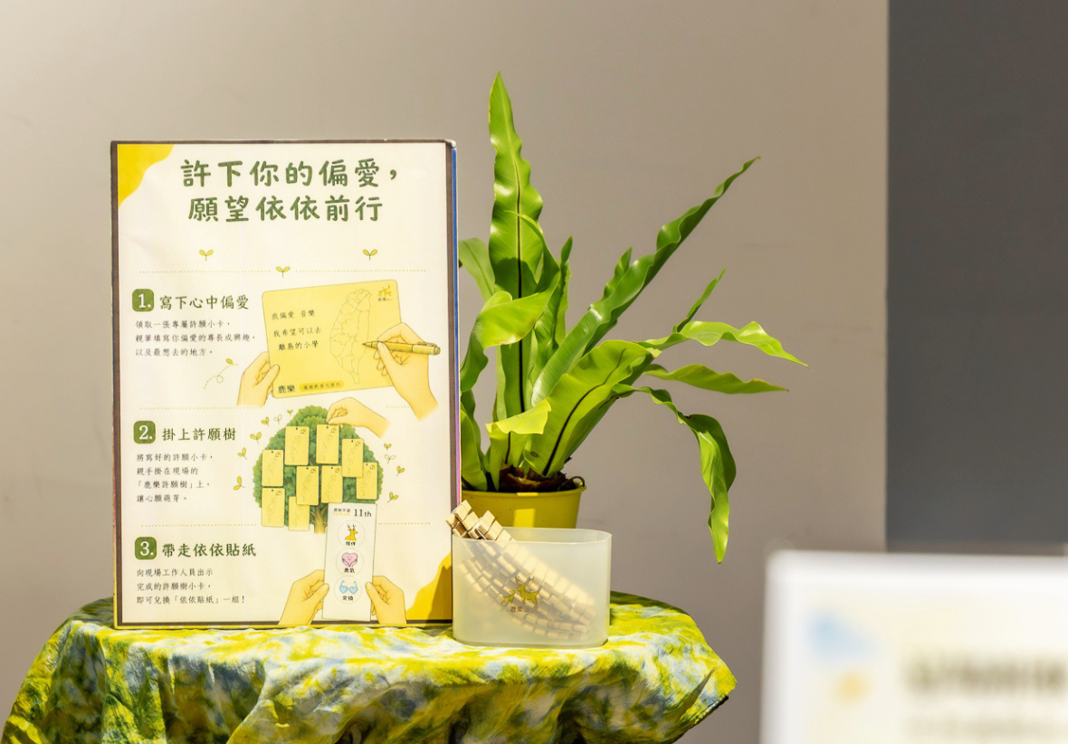 桌上放置寫有「許下你的偏愛，願望依依前行」的活動告示牌，列出「寫下心中偏愛」、「掛上許願樹」與「帶走依依貼紙」三步驟指示。告示牌旁擺放綠色盆栽，以及裝有木夾的透明小容器。整體佈置於黃綠色渲染桌布上，營造溫馨的互動參與氛圍。