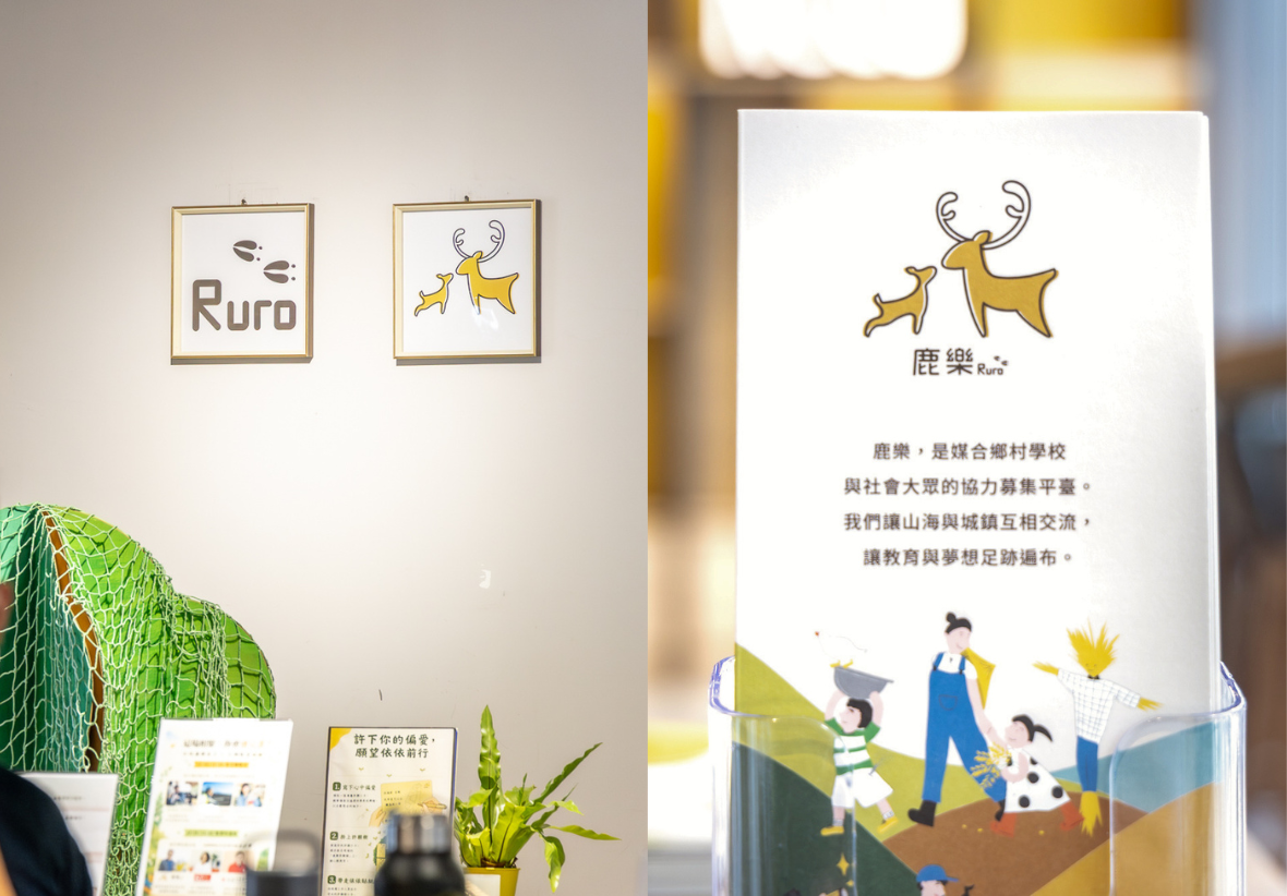 左圖為牆上懸掛「Ruro」及雙鹿標誌的畫框，下方擺放宣傳告示與綠色植物；右圖特寫「鹿樂」介紹文宣，印有標誌、簡介文字「鹿樂，是媒合鄉村學校與社會大眾的協力募集平台...」，以及鄉村人物與稻草人的溫馨插畫。