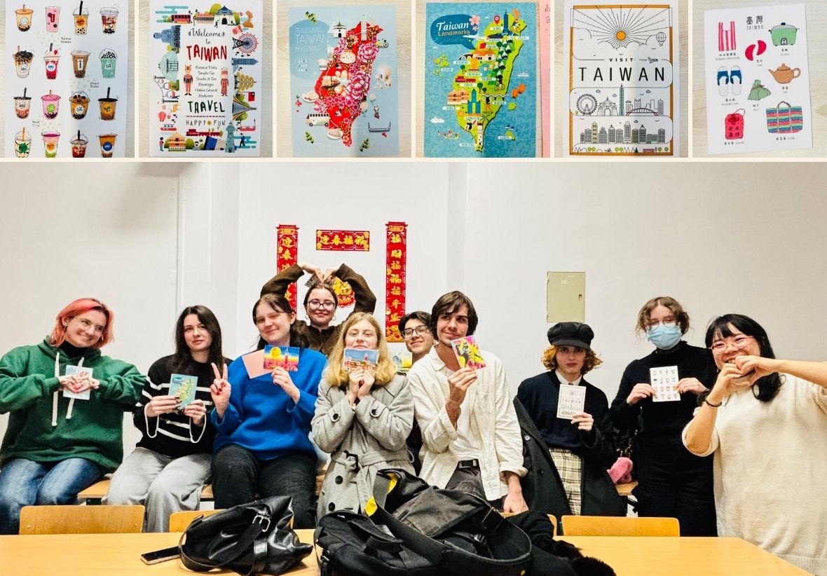 上方展示各式臺灣主題明信片，下方為一群外國青年合照，大家開心展示明信片並比出愛心與勝利手勢。