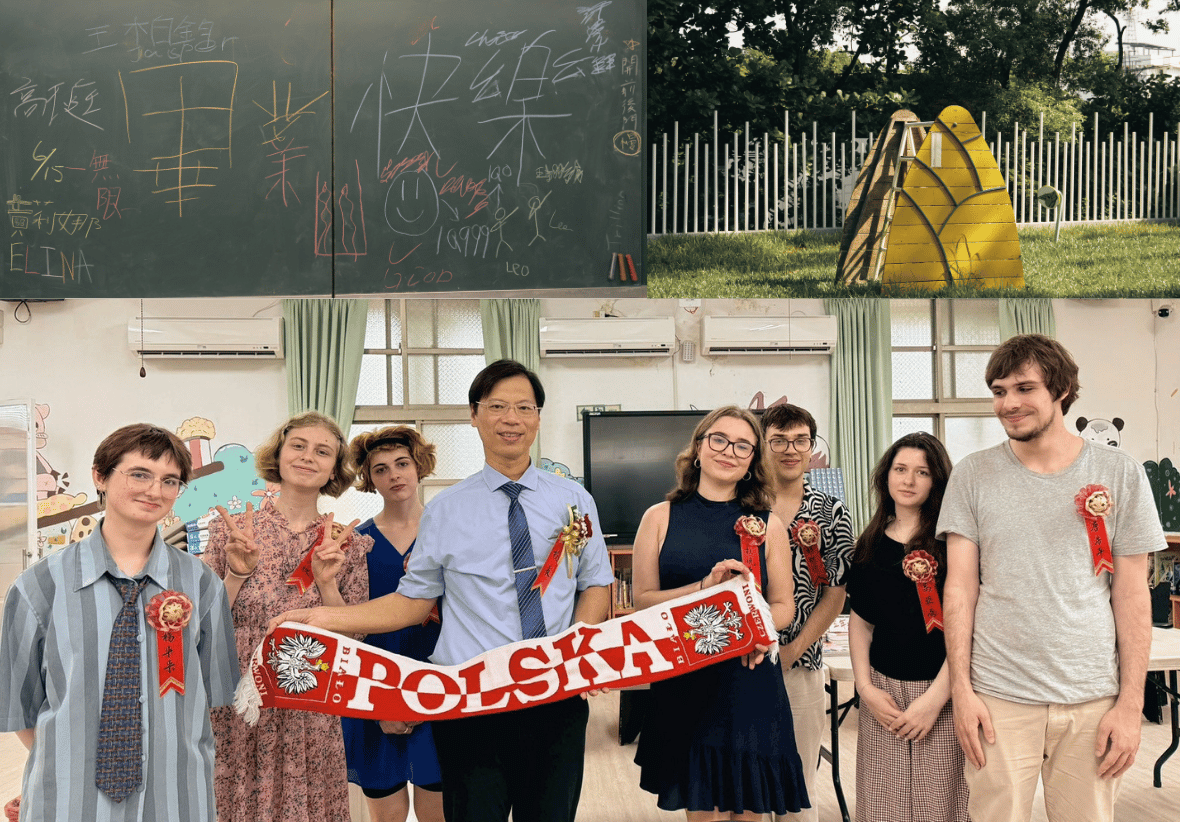 上圖左為校園黑板寫著「畢業快樂」，右為竹編藝術裝置。下圖為校長與六位青年在教室合照，校長持一條印有「POLSKA」和波蘭國徽的紅白圍巾。