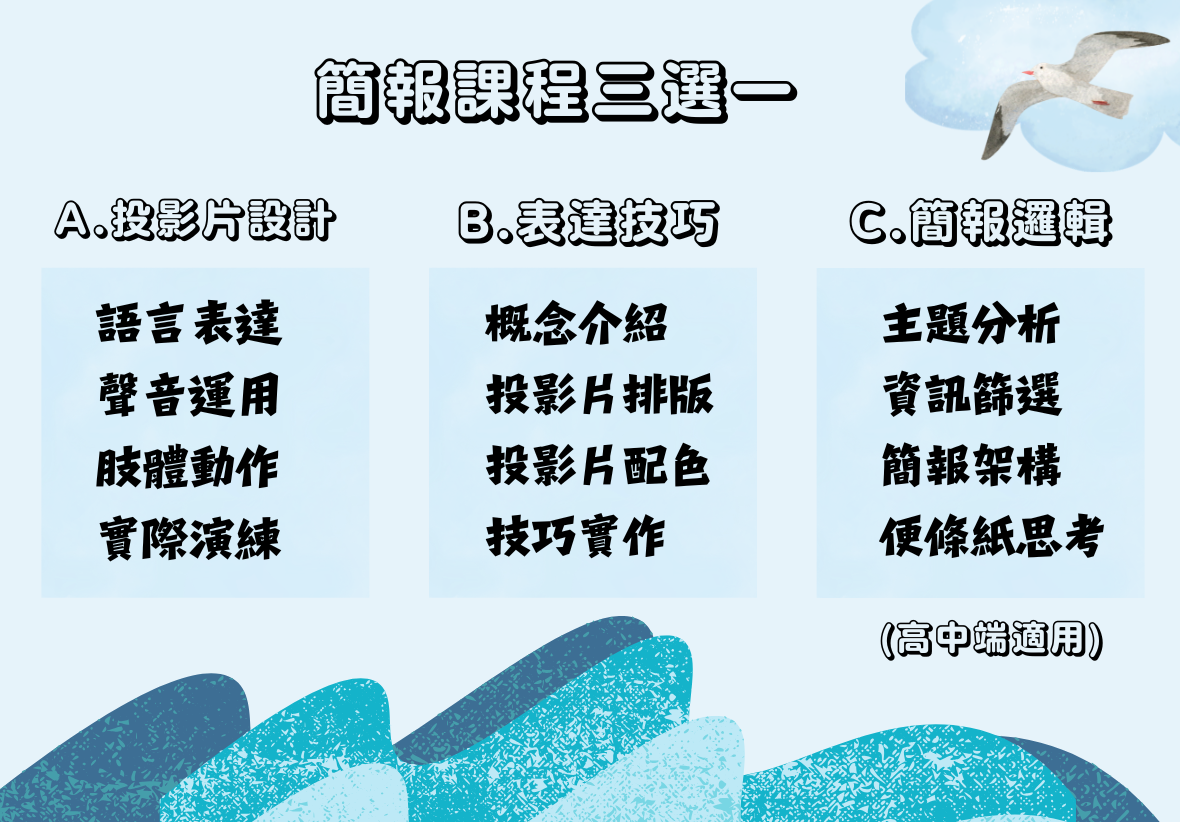 此圖為海洋風格的「簡報課程三選一」宣傳圖。分為「A.投影片設計：語言表達、聲音運用、肢體動作、實際演練」；「B.表達技巧：概念介紹、投影片排版與配色、技巧實作」；「C.簡報邏輯：主題分析、資訊篩選、簡報架構、便條紙思考（高中端適用）」。