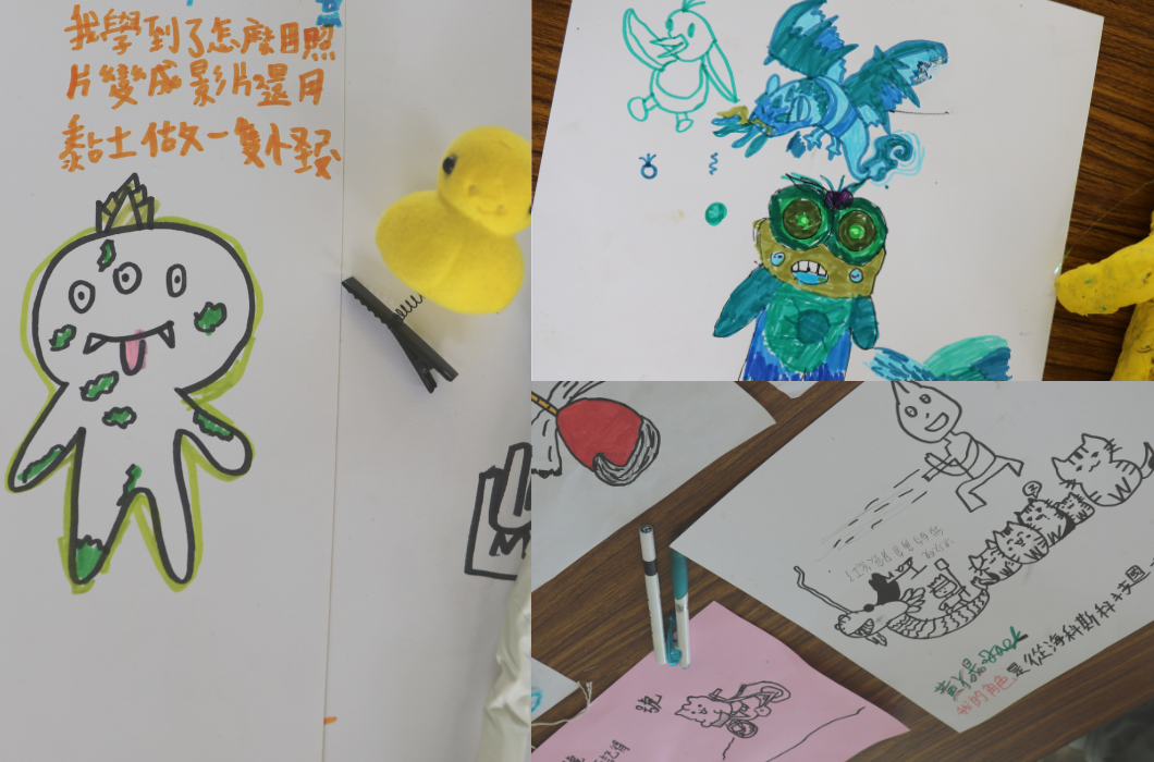 學生充滿童趣的繪畫與手作黏土作品合輯，包含三眼怪獸插畫、龍與貓咪的圖案，以及一隻黃色的小鴨黏土，展現豐富的想像力。