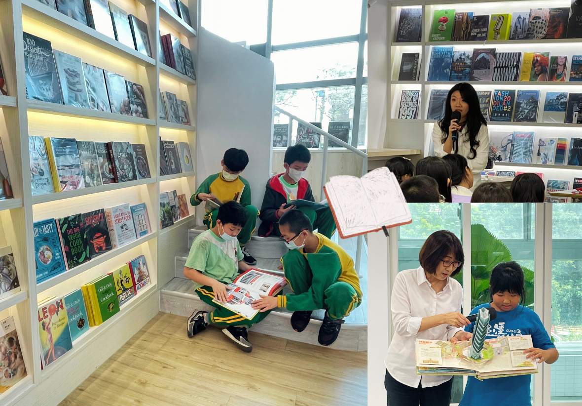 現代圖書館內，多位兒童正在閱讀圖書。左側兒童蹲坐在地上翻閱繪本，右側成人協助兒童閱讀。背景為白色書架，展示各類書籍。明亮的窗戶透射自然光，營造溫馨的閱讀環境。