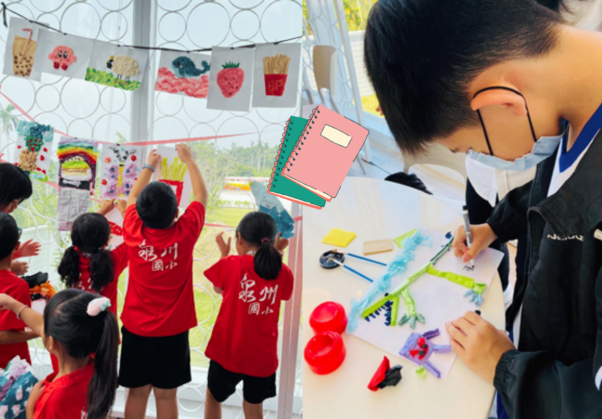 小學生穿著紅色校服進行美食主題手工藝活動。左側學生在布置展示牆，貼著食物圖卡；右側學生在桌前進行繪畫創作，桌上擺放彩色筆、紅色球體裝飾等美術用品。