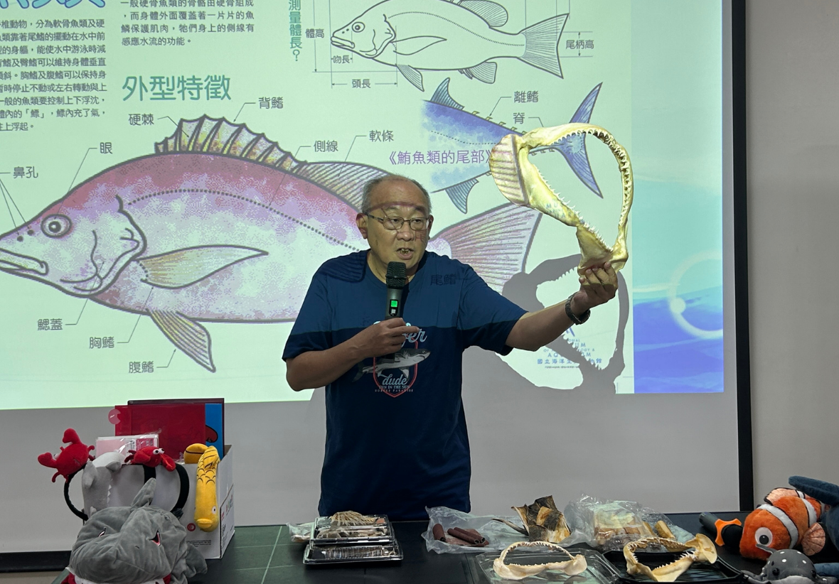 一位教育工作者在教室進行海洋生物教學，身後投影幕展示魚類外型特徵的解剖圖，講台上擺放多種海洋生物標本與玩具，教師手持魚骨骼標本邊講解邊展示，進行互動式海洋知識教育。