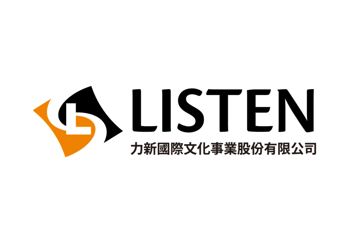 「力新國際文化事業股份有限公司」的官方標誌。左側為黑、橘雙色線條交疊而成的流線型幾何圖形；右側則有黑色的英文名稱「LISTEN」，下方配有黑色的中文公司全銜，整體設計簡潔且專業。