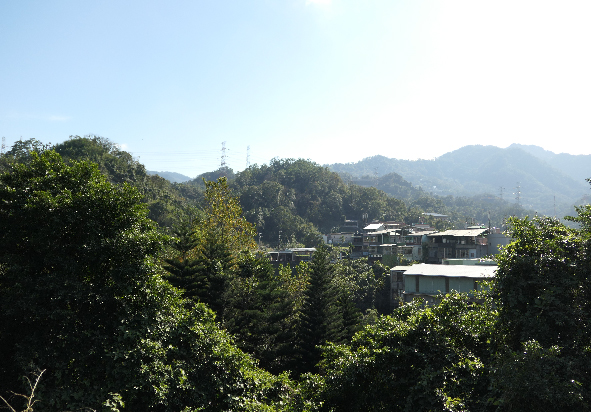 翠綠山谷間散佈著建築物，遠處層疊的山巒在晨霧中若隱若現。密集的樹木覆蓋山坡，幾棟白色和灰色的建築物位於山腰，清晨的陽光灑落在這片山區景觀上。