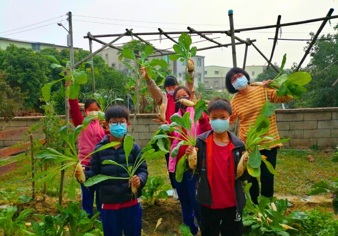 在校園菜園裡，幾位戴著口罩的師生興高采烈地高高舉起剛採收的白蘿蔔與綠葉。背後是簡易的瓜果竹架，大家臉上洋溢著豐收的喜悅，呈現出校園食育與農事體驗課程的豐碩成果。