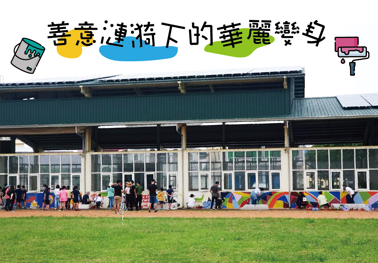 一所學校的操場邊，眾多學生聚集在建築物前進行戶外活動。草地上擺放著彩色風箏，孩子們正在參與風箏放飛活動。頂部有中文文字和彩色圖示，表示善意連結下的華麗變身主題。