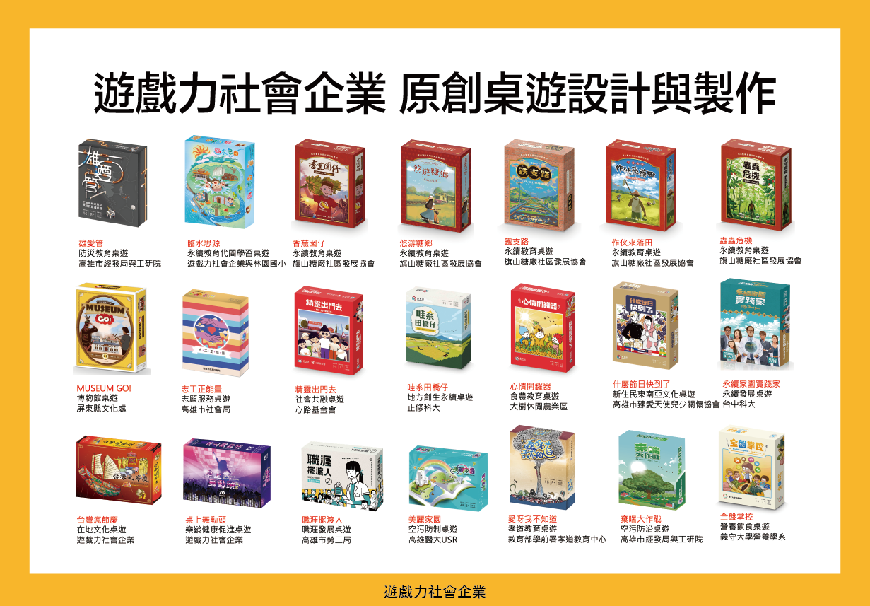 遊戲力社會企業原創桌遊設計與製作，展示21款遊戲產品，包括與各地方政府、非營利組織、文化機構合作開發的教育及社會議題桌遊。