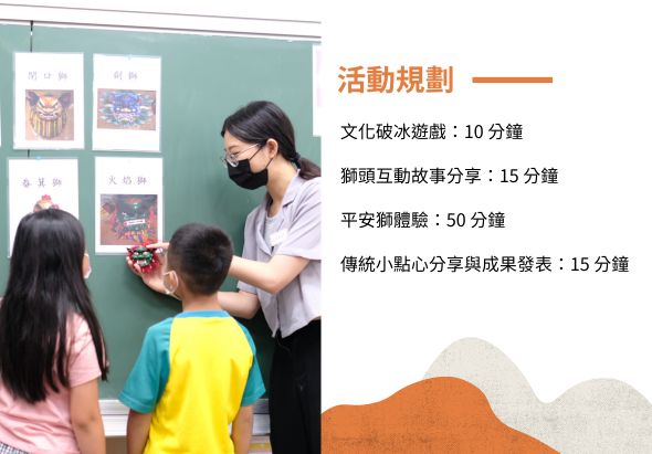 教師在綠色黑板前向兩名學童展示文化探遊卡片。右側列出活動規劃：文化破冰遊戲10分鐘、獅頭互動故事分享15分鐘、平安獅體驗50分鐘、傳統小點心分享與成果發表15分鐘。