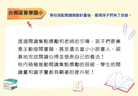 台南區青寒國小閱讀集點獎勵計畫介紹。通過閱讀集點獎勵和老師引導，鼓勵孩子主動借閱書籍，提升閱讀興趣和識字能力。校內設置集點獎勵班級，激發學生閱讀熱情。