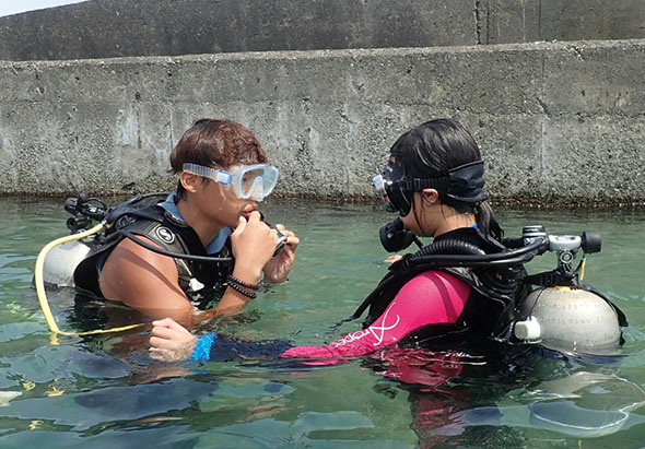 兩名潛水員在淺綠色水域中進行潛水訓練。左側潛水員穿著黑色潛水衣、戴著透明護目鏡；右側潛水員穿著粉紅色潛水衣、戴著黑色面罩。兩人皆背負氧氣筒，正在水中練習潛水技能。背景為混凝土防波堤。