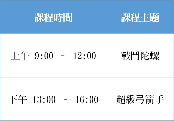 課程時間表，藍色標題欄標示「課程時間」和「課程主題」。上午9:00至12:00課程主題為戰鬥陀螺，下午13:00至16:00課程主題為超級弓箭手。