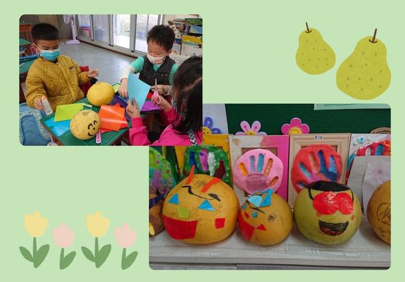 幼兒園水果主題活動展示。上方兩名幼童戴口罩玩黃色球體玩具。下方展示孩童用手指畫在黃色氣球上創作的笑臉作品，旁邊有梨子和鬱金香貼紙裝飾。