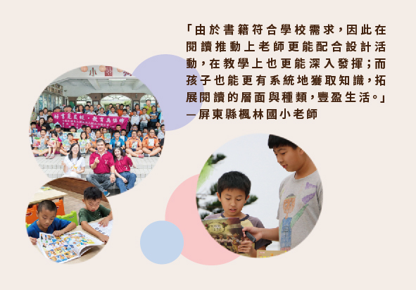 屏東鄉鎮學校推動閱讀教育的成果展示，包含師生集體合照、學童進行戶外教學與種植體驗，說明透過書籍結合學校課程，讓孩子拓展視野並體驗生活。