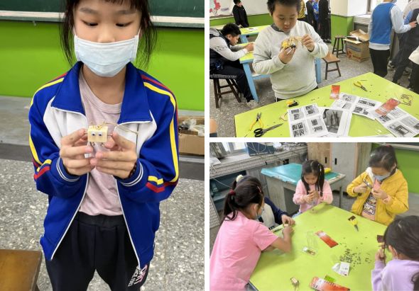 小學生在教室進行手工藝術課程，學生圍坐在黃綠色桌子前，製作勞作品。左圖女孩展示完成的作品，右圖多名學生專注於組裝小型模型或手工藝品。教室內可見美勞用具和材料散放在桌面上。